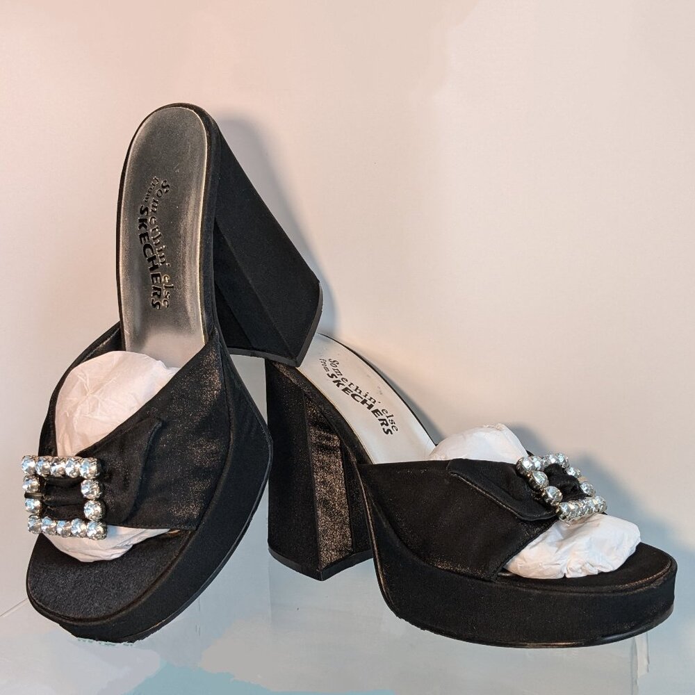 Vintage Chunky Heel Shimmer Black Platform Skechers Rhinestone Buckle Heels - Picture 3 of 16